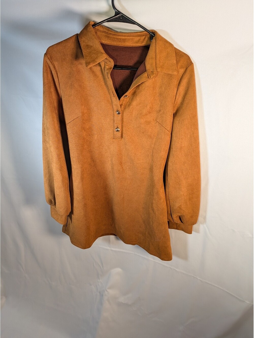 Vintage Style Brown Long Sleeve Suede Shirt with Collar and Buttons